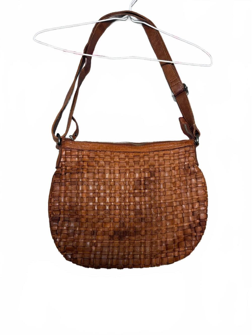 Brown Woven Leather Crossbody Bag with Adjustable Strap